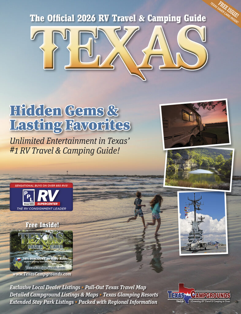 Cover of the 2026 Texas RV Travel & Camping Guide featuring images of an RV by a lake, a coastal view, and a person fishing; includes text highlighting listings and maps.